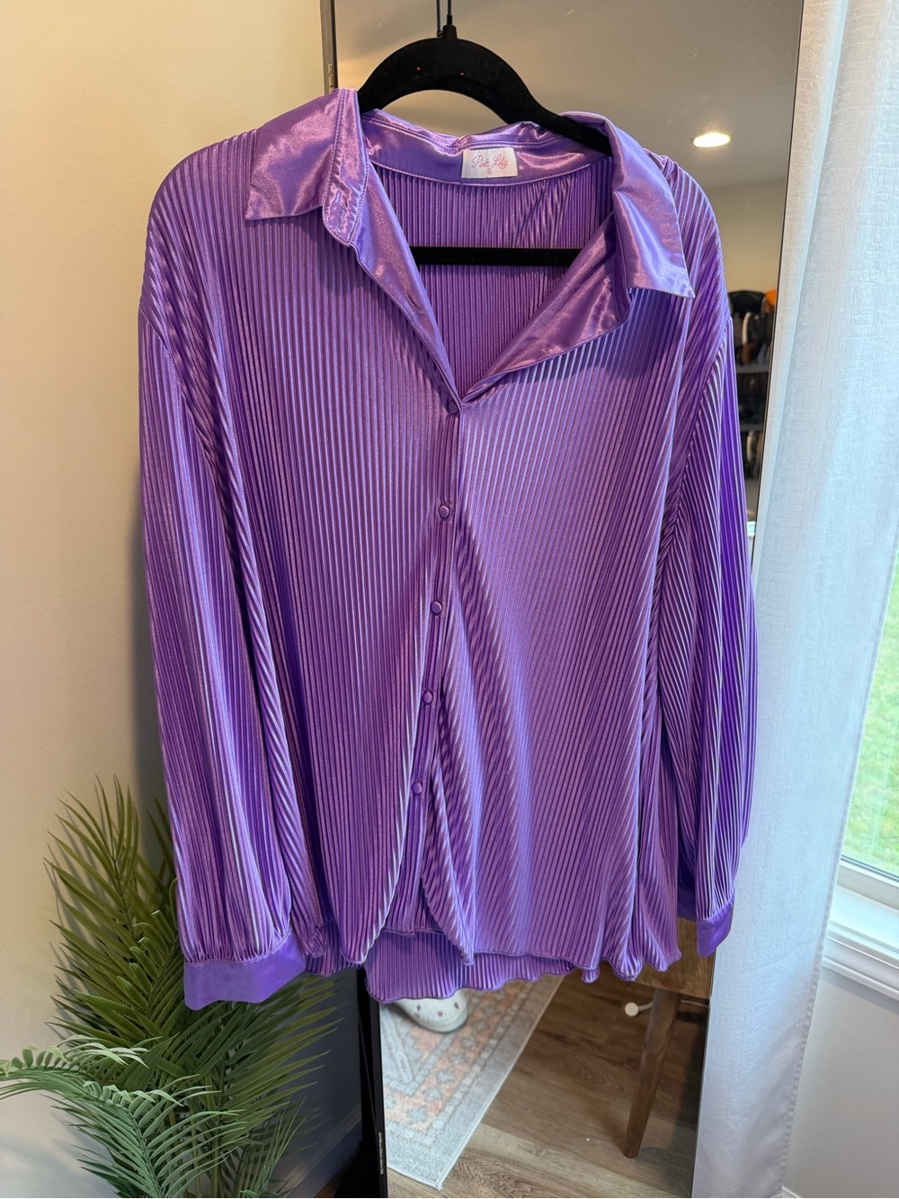 Pink Lily Lavender Button Up Pleated Blouse